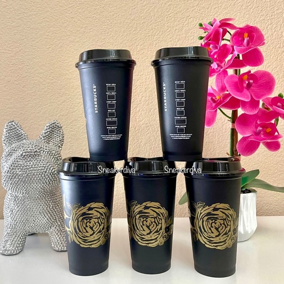 4 Starbucks  black & gold rose hot coffee reusable cups